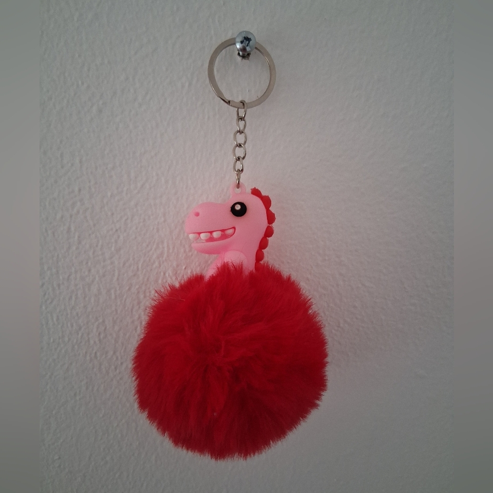 Pink Dinosaur Keychain with Red Fluffy Pom Pom